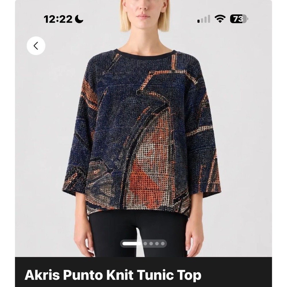 Akris Punto Knit Tunic Top US 14 Blue Orange Abstract Art Print